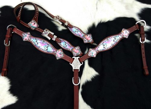 Showman PONY SIZE Tie Dye Unicorn printed headstall and breast collar set with raised unicorn conchos #2